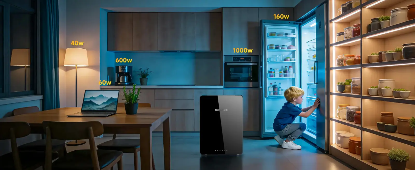 RUNHOOD R5200 versorgt Haushaltsgeräte am Abend